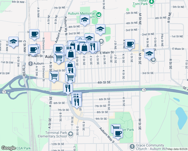 map of restaurants, bars, coffee shops, grocery stores, and more near 230 F Street Southeast in Auburn
