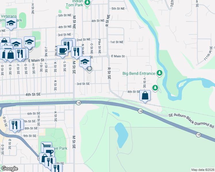 map of restaurants, bars, coffee shops, grocery stores, and more near 300 R Street Southeast in Auburn