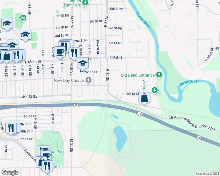 map of restaurants, bars, coffee shops, grocery stores, and more near 300 R Street Southeast in Auburn