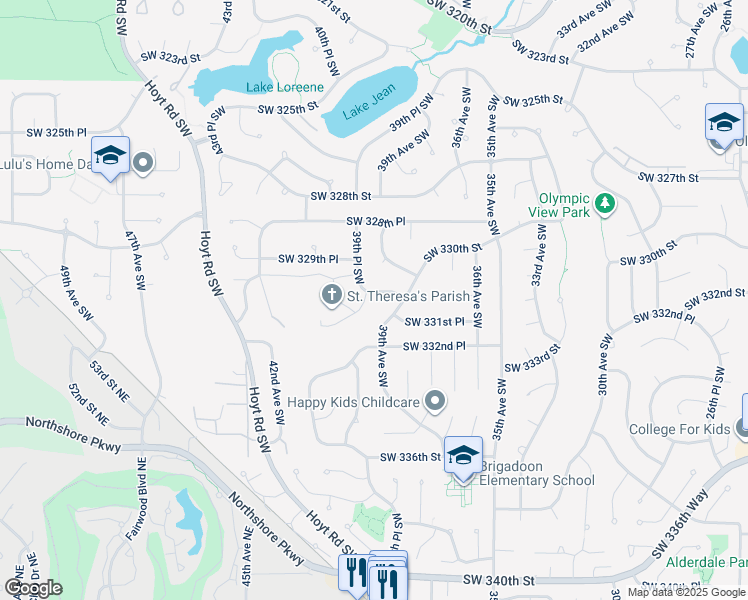 map of restaurants, bars, coffee shops, grocery stores, and more near 3829 Southwest 331st Street in Federal Way