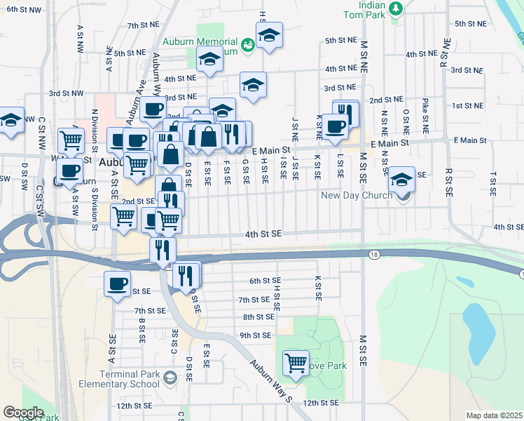 map of restaurants, bars, coffee shops, grocery stores, and more near 218 G Street Southeast in Auburn