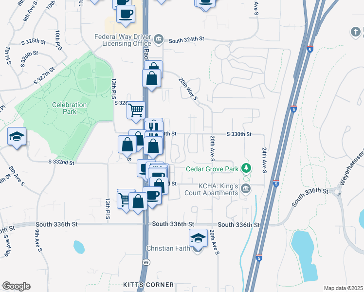 map of restaurants, bars, coffee shops, grocery stores, and more near 33031 18th Place South in Federal Way