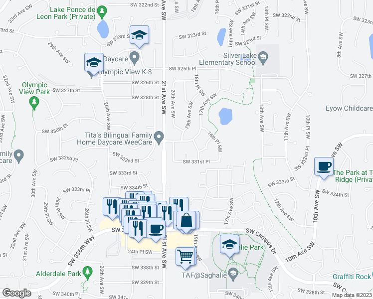 map of restaurants, bars, coffee shops, grocery stores, and more near 33026 19th Court Southwest in Federal Way