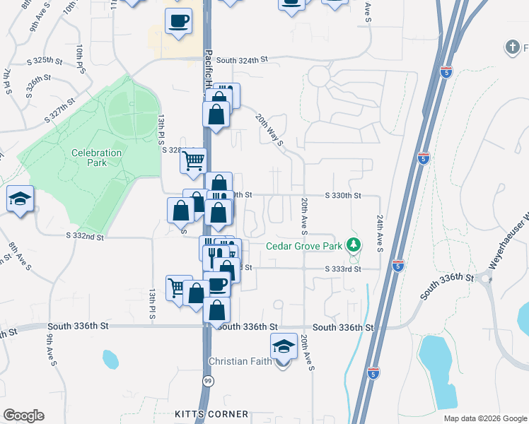 map of restaurants, bars, coffee shops, grocery stores, and more near 33031 18th Place South in Federal Way