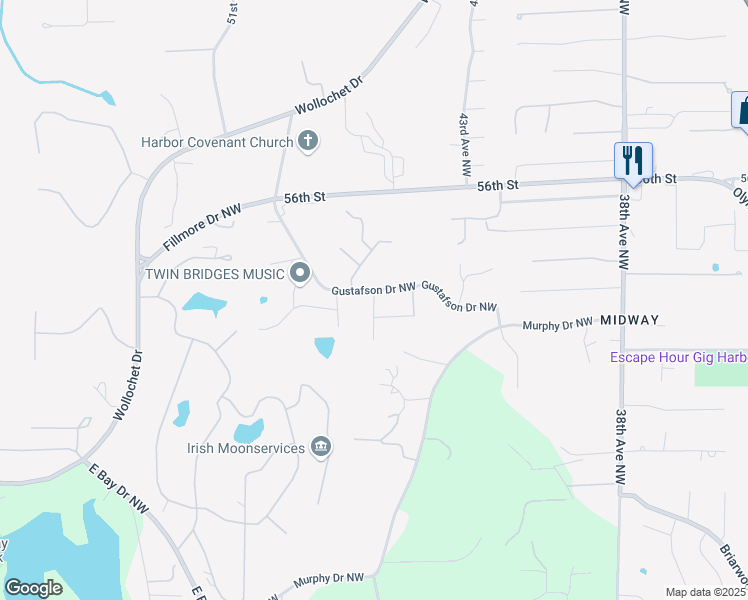 map of restaurants, bars, coffee shops, grocery stores, and more near 5214 46th Avenue Northwest in Gig Harbor
