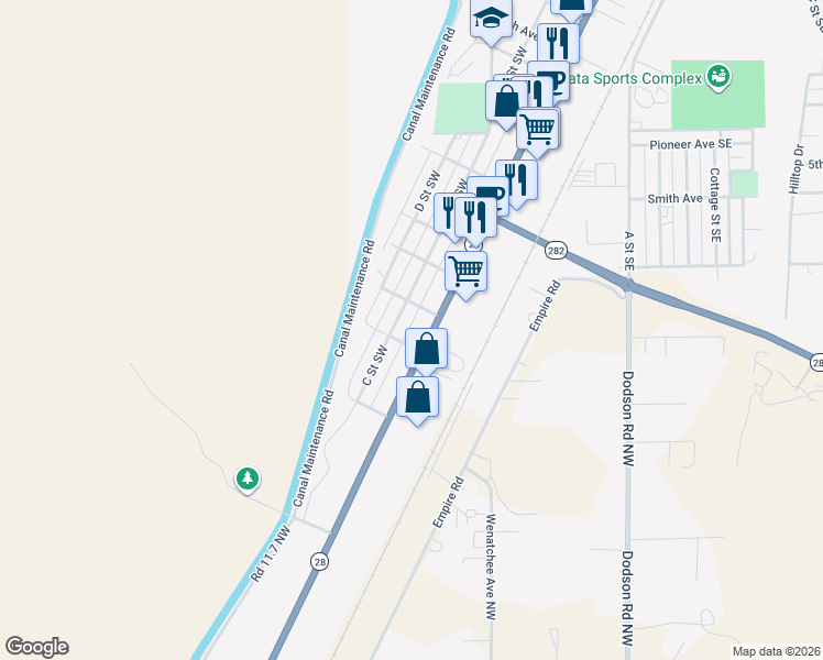 map of restaurants, bars, coffee shops, grocery stores, and more near 1529 Basin Street Southwest in Ephrata