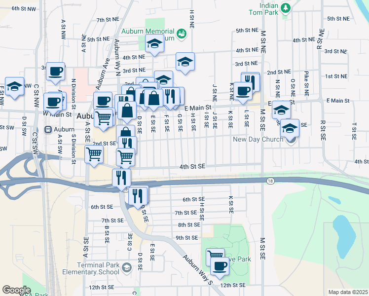 map of restaurants, bars, coffee shops, grocery stores, and more near 218 G Street Southeast in Auburn