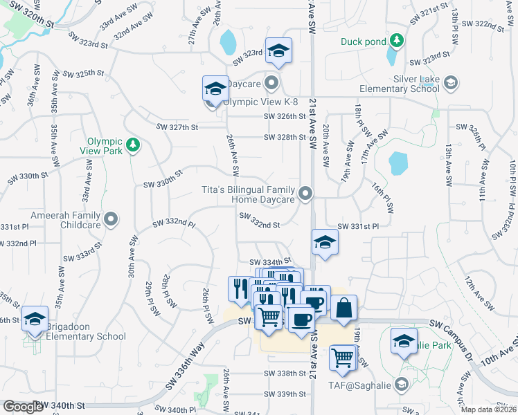 map of restaurants, bars, coffee shops, grocery stores, and more near 2403 Southwest 331st Street in Federal Way