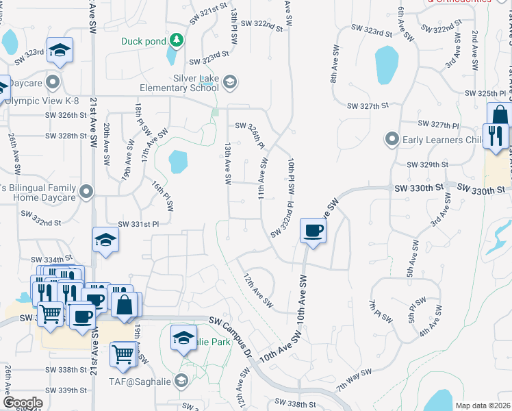 map of restaurants, bars, coffee shops, grocery stores, and more near 33007 11th Avenue Southwest in Federal Way