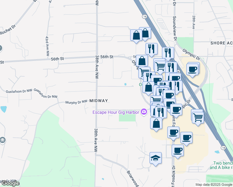 map of restaurants, bars, coffee shops, grocery stores, and more near 5215 38th Avenue in Gig Harbor
