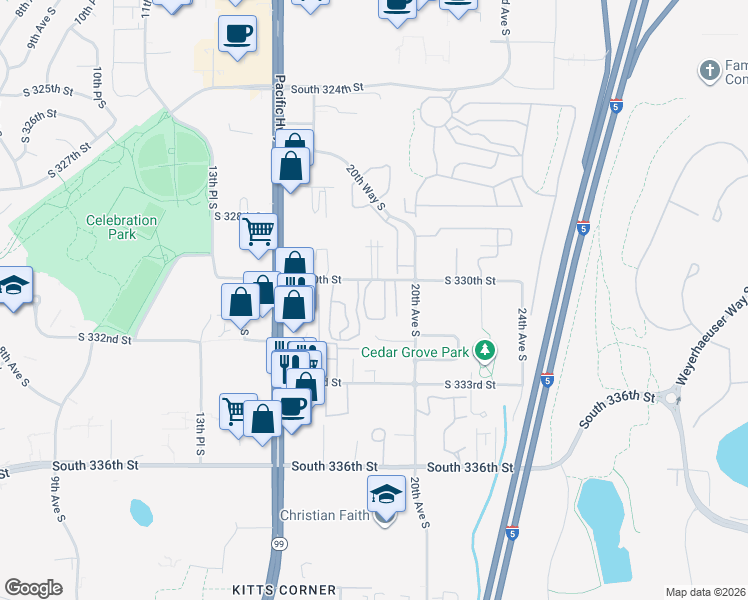 map of restaurants, bars, coffee shops, grocery stores, and more near 1825 South 330th Street in Federal Way
