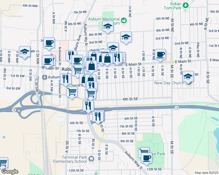 map of restaurants, bars, coffee shops, grocery stores, and more near 211 E Street Southeast in Auburn
