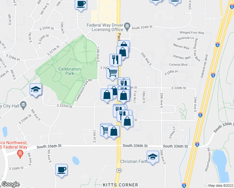 map of restaurants, bars, coffee shops, grocery stores, and more near 33012 Pacific Highway South in Federal Way