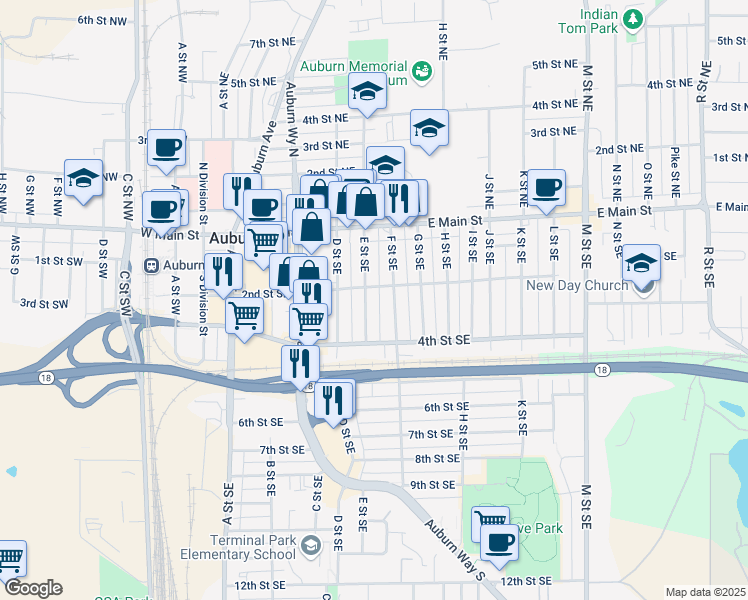 map of restaurants, bars, coffee shops, grocery stores, and more near 211 E Street Southeast in Auburn