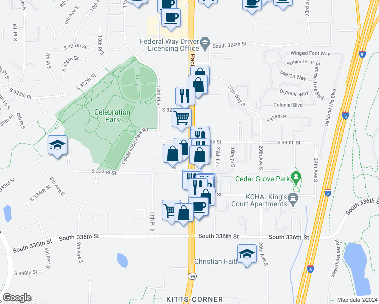map of restaurants, bars, coffee shops, grocery stores, and more near 33012 Pacific Highway South in Federal Way