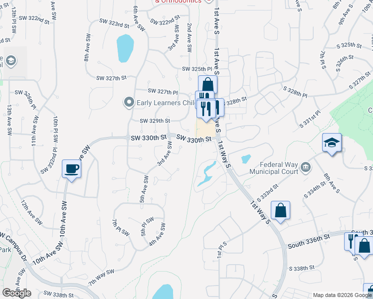 map of restaurants, bars, coffee shops, grocery stores, and more near 209 Southwest 331st Place in Federal Way