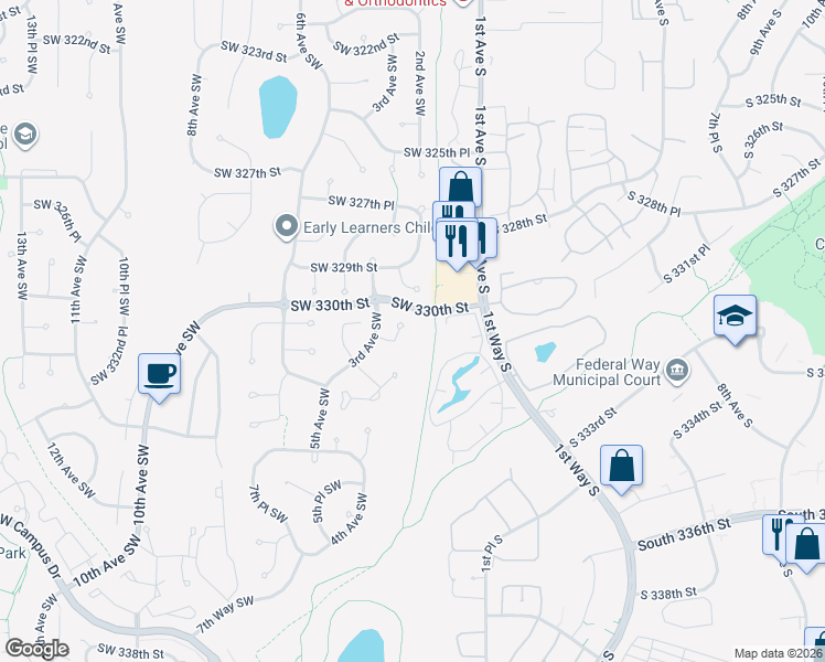 map of restaurants, bars, coffee shops, grocery stores, and more near 209 Southwest 331st Place in Federal Way