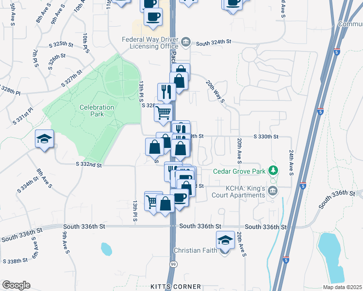 map of restaurants, bars, coffee shops, grocery stores, and more near 33012 Pacific Highway South in Federal Way