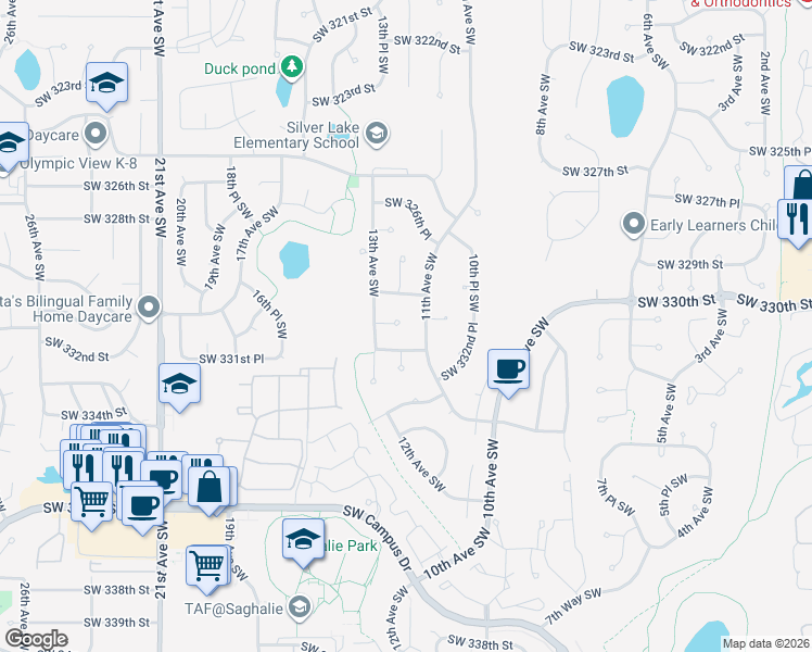 map of restaurants, bars, coffee shops, grocery stores, and more near 33007 11th Avenue Southwest in Federal Way