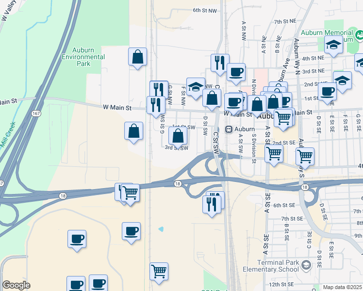 map of restaurants, bars, coffee shops, grocery stores, and more near 216 F Street Southwest in Auburn