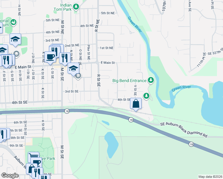 map of restaurants, bars, coffee shops, grocery stores, and more near 220 S Street Southeast in Auburn