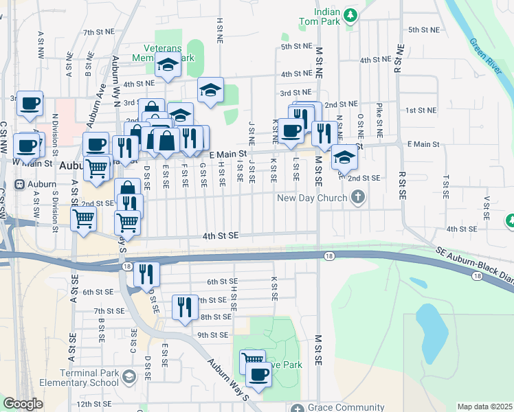 map of restaurants, bars, coffee shops, grocery stores, and more near 216 J Street Southeast in Auburn