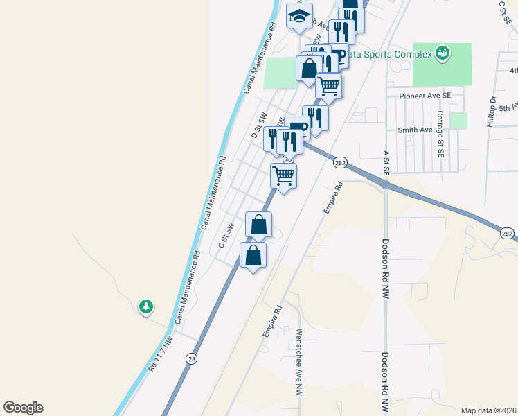 map of restaurants, bars, coffee shops, grocery stores, and more near 1529 Basin Street Southwest in Ephrata