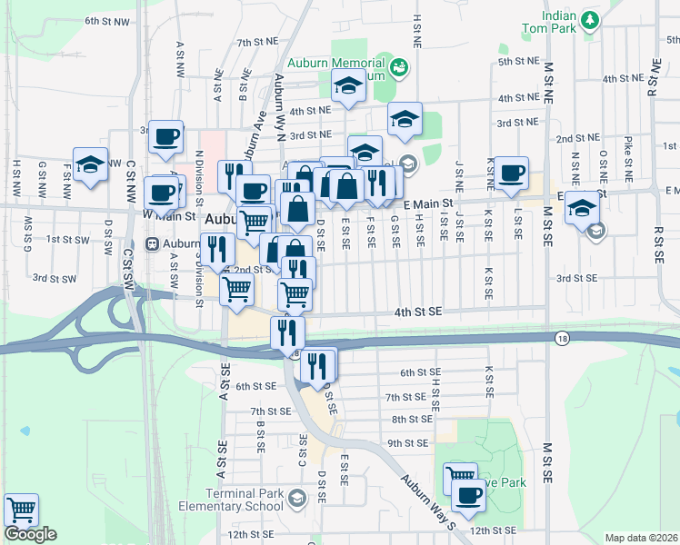 map of restaurants, bars, coffee shops, grocery stores, and more near 211 E Street Southeast in Auburn