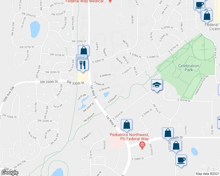 map of restaurants, bars, coffee shops, grocery stores, and more near 127 South 331st Place in Federal Way