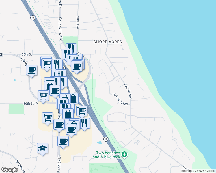 map of restaurants, bars, coffee shops, grocery stores, and more near 5208 25th Avenue Court Northwest in Gig Harbor