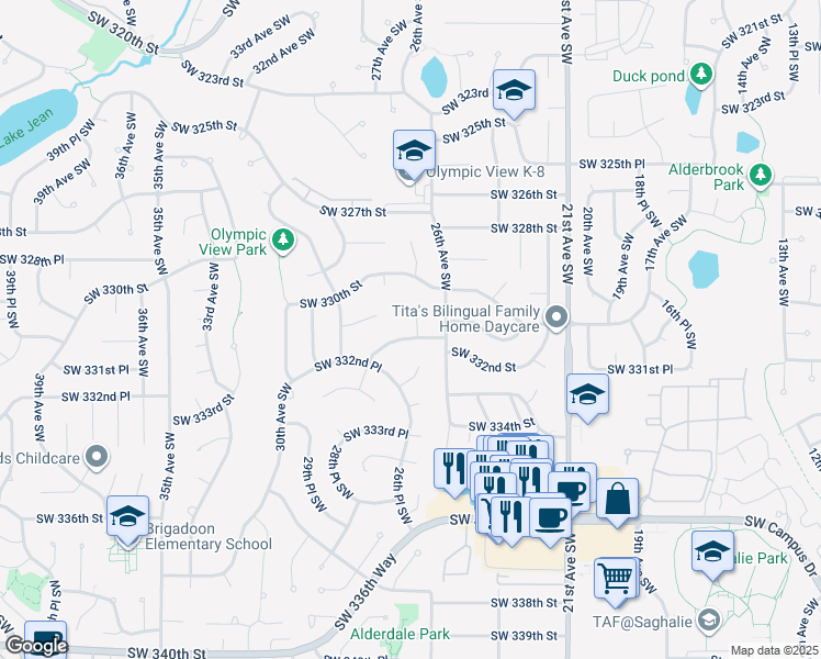 map of restaurants, bars, coffee shops, grocery stores, and more near 2622 Southwest 332nd Street in Federal Way