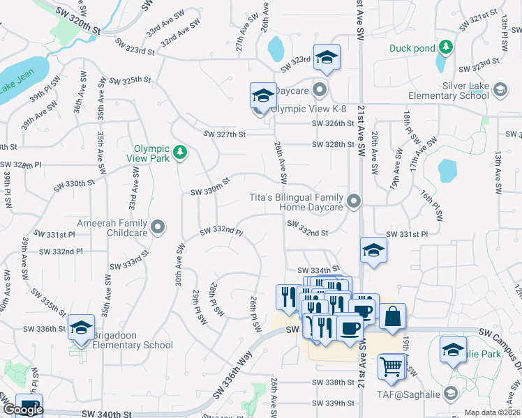 map of restaurants, bars, coffee shops, grocery stores, and more near 2622 Southwest 332nd Street in Federal Way
