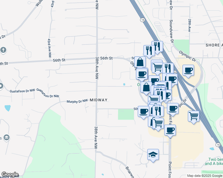 map of restaurants, bars, coffee shops, grocery stores, and more near 5215 38th Avenue in Gig Harbor