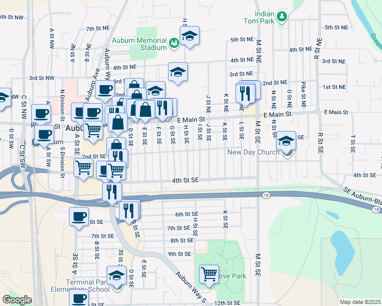 map of restaurants, bars, coffee shops, grocery stores, and more near 217 I Street Southeast in Auburn