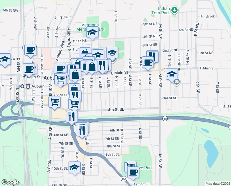 map of restaurants, bars, coffee shops, grocery stores, and more near 218 G Street Southeast in Auburn