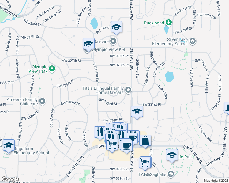map of restaurants, bars, coffee shops, grocery stores, and more near 2403 Southwest 331st Street in Federal Way