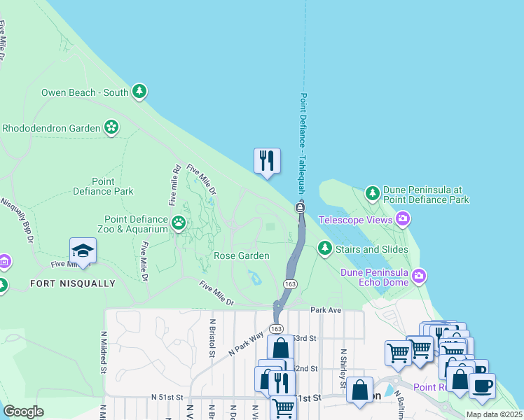 map of restaurants, bars, coffee shops, grocery stores, and more near 5801 Trolley Lane in Tacoma