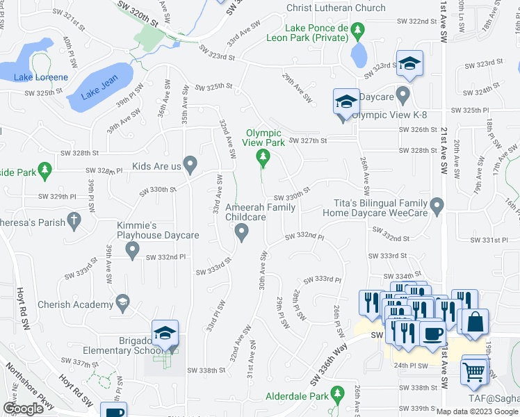 map of restaurants, bars, coffee shops, grocery stores, and more near 33013 30th Avenue Southwest in Federal Way