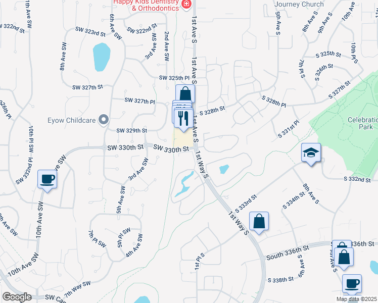map of restaurants, bars, coffee shops, grocery stores, and more near 106 Southwest 332nd Street in Federal Way