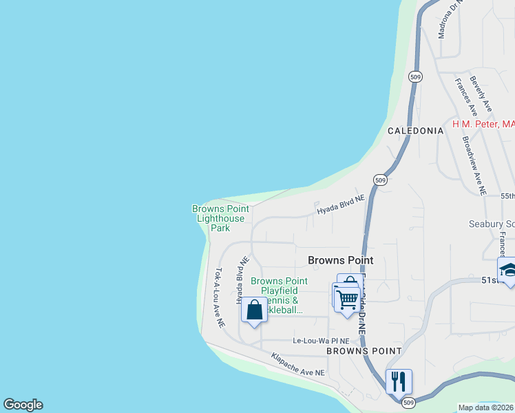 map of restaurants, bars, coffee shops, grocery stores, and more near 5318 Hyada Boulevard Northeast in Tacoma