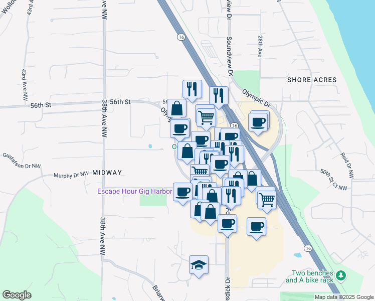 map of restaurants, bars, coffee shops, grocery stores, and more near 5201 Olympic Drive in Gig Harbor