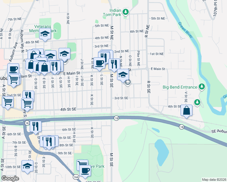 map of restaurants, bars, coffee shops, grocery stores, and more near 1111 3rd Street Southeast in Auburn