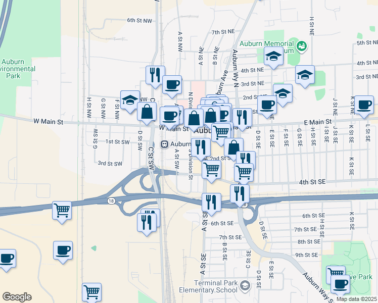 map of restaurants, bars, coffee shops, grocery stores, and more near 10 2nd Street Southwest in Auburn