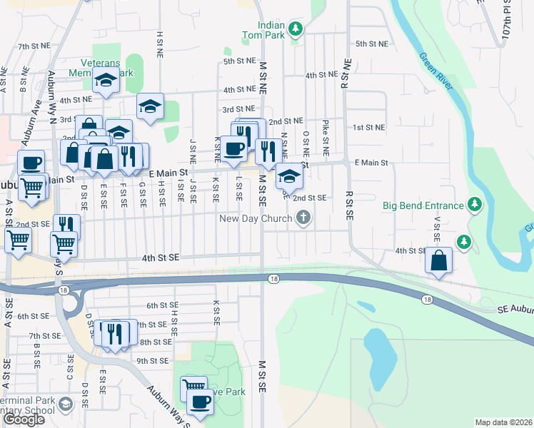 map of restaurants, bars, coffee shops, grocery stores, and more near 202 M Street Southeast in Auburn