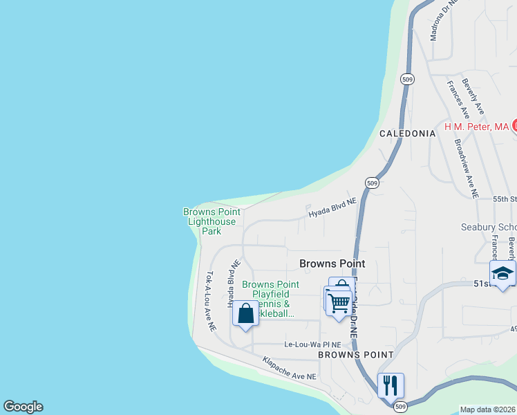 map of restaurants, bars, coffee shops, grocery stores, and more near 5318 Hyada Boulevard Northeast in Tacoma