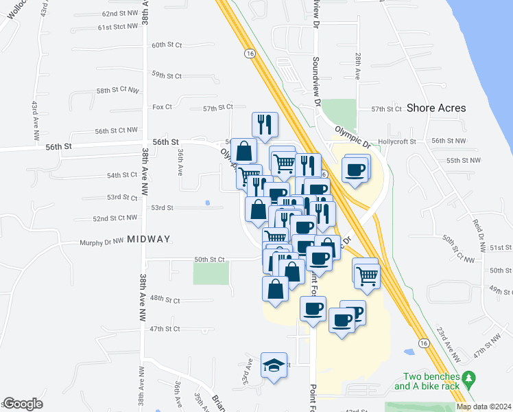 map of restaurants, bars, coffee shops, grocery stores, and more near 5201 Olympic Drive in Gig Harbor