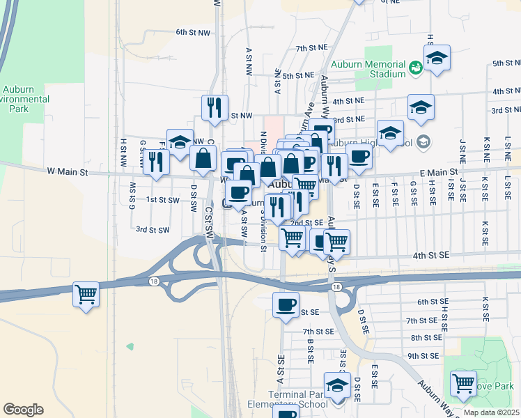 map of restaurants, bars, coffee shops, grocery stores, and more near 109 South Division Street in Auburn