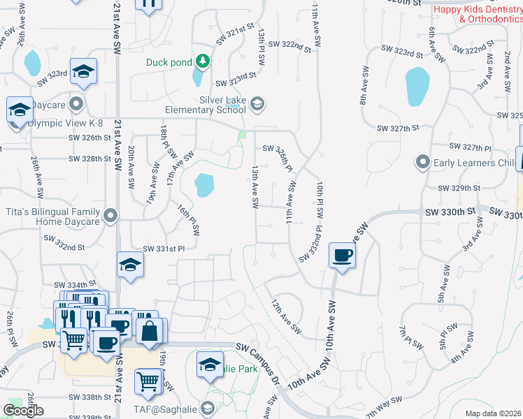 map of restaurants, bars, coffee shops, grocery stores, and more near 32814 13th Avenue Southwest in Federal Way