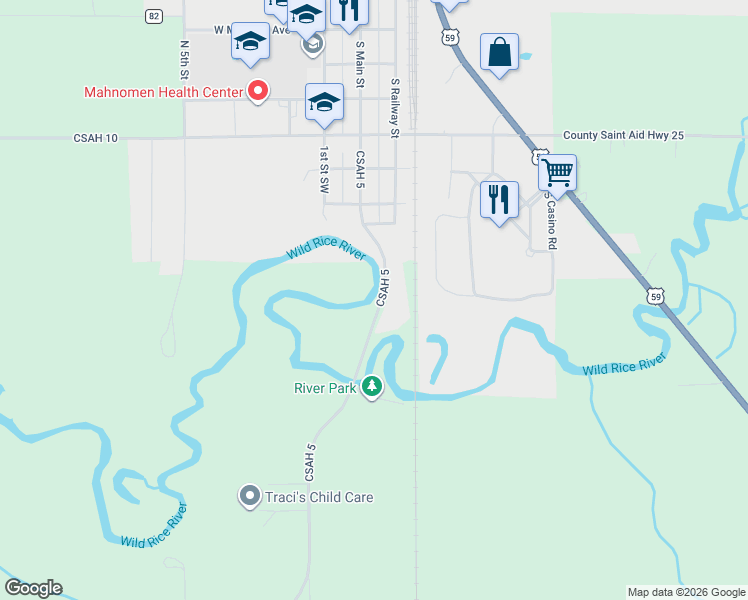 map of restaurants, bars, coffee shops, grocery stores, and more near 801 South Main Street in Mahnomen