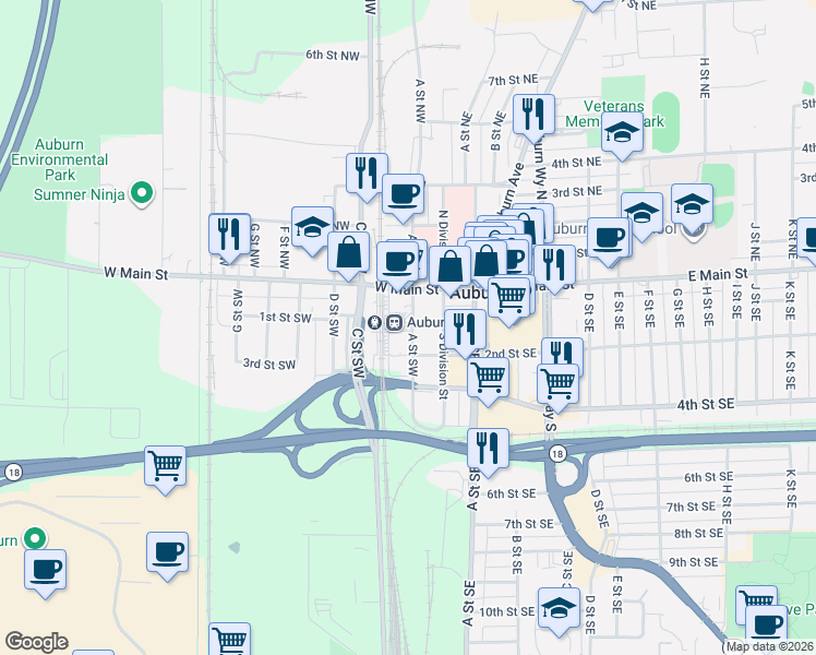 map of restaurants, bars, coffee shops, grocery stores, and more near 102 West Main Street in Auburn